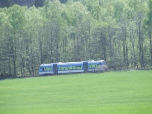Vlak (szynobus) w zieleni.